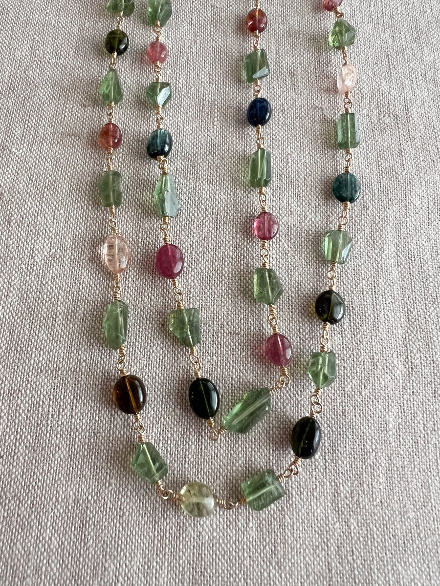 Multi-Color Tourmaline and Green Apatite AAA Grade Necklace, Wire Wrapped Boho Jewelry, 34"