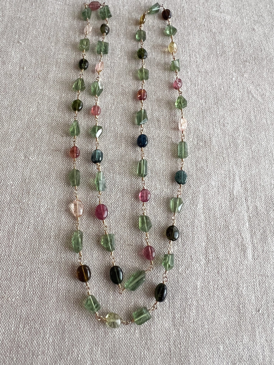 Multi-Color Tourmaline and Green Apatite AAA Grade Necklace, Wire Wrapped Boho Jewelry, 34"
