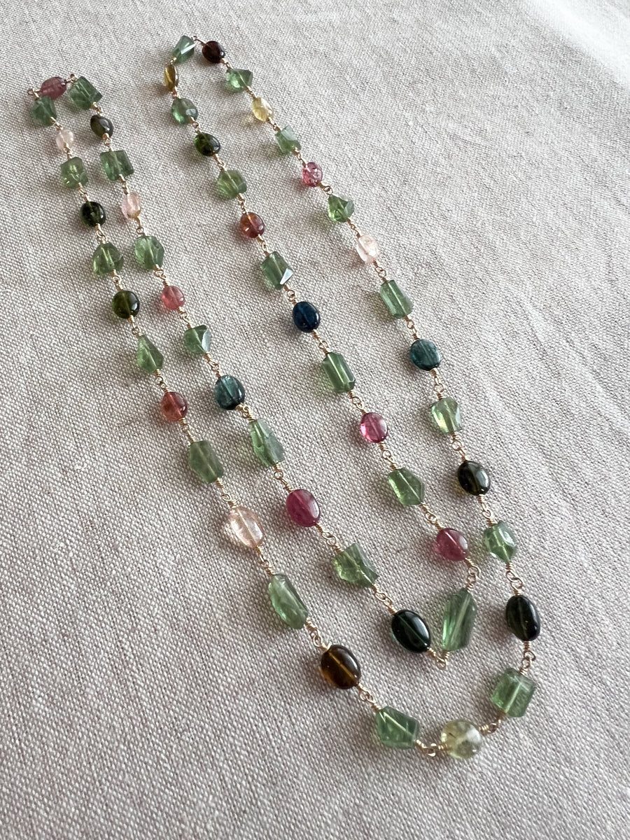Multi-Color Tourmaline and Green Apatite AAA Grade Necklace, Wire Wrapped Boho Jewelry, 34"