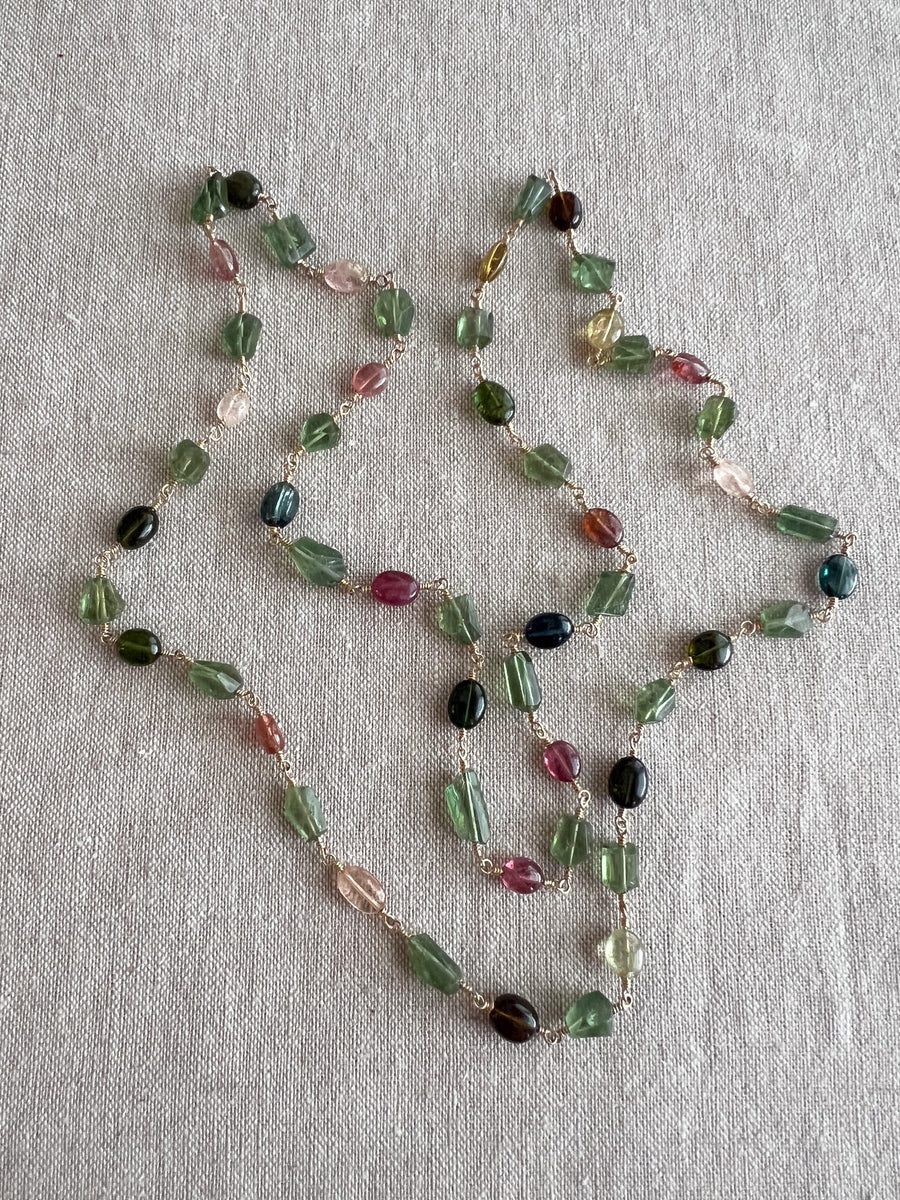 Multi-Color Tourmaline and Green Apatite AAA Grade Necklace, Wire Wrapped Boho Jewelry, 34"