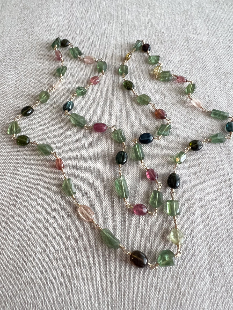 Multi-Color Tourmaline and Green Apatite AAA Grade Necklace, Wire Wrapped Boho Jewelry, 34"