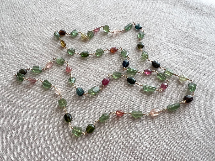Multi-Color Tourmaline and Green Apatite AAA Grade Necklace, Wire Wrapped Boho Jewelry, 34"