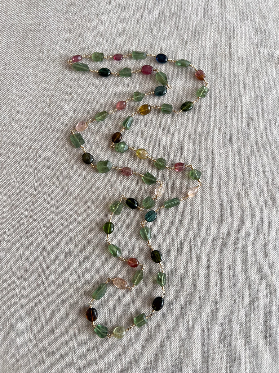 Multi-Color Tourmaline and Green Apatite AAA Grade Necklace, Wire Wrapped Boho Jewelry, 34"