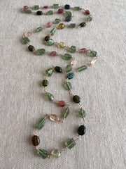 Multi-Color Tourmaline and Green Apatite AAA Grade Necklace, Wire Wrapped Boho Jewelry, 34"