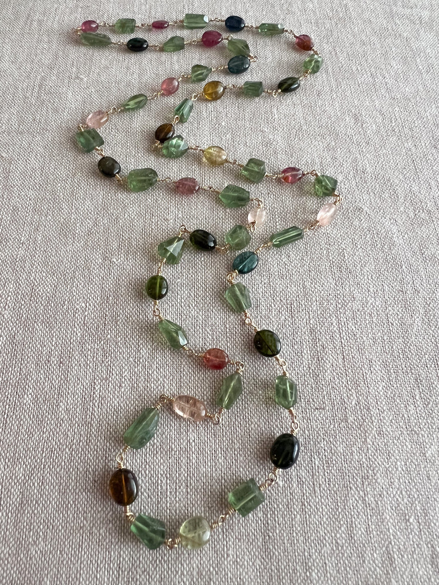 Multi-Color Tourmaline and Green Apatite AAA Grade Necklace, Wire Wrapped Boho Jewelry, 34"