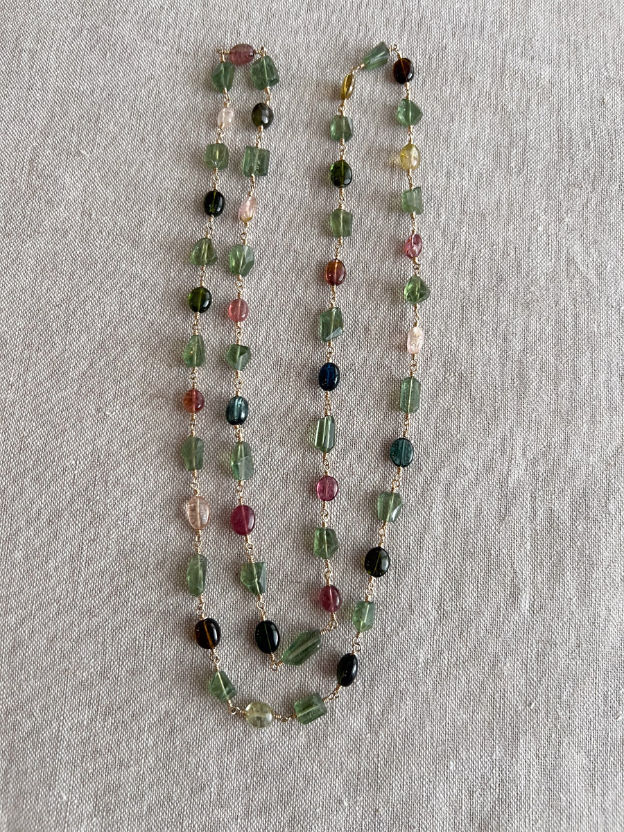 Multi-Color Tourmaline and Green Apatite AAA Grade Necklace, Wire Wrapped Boho Jewelry, 34"