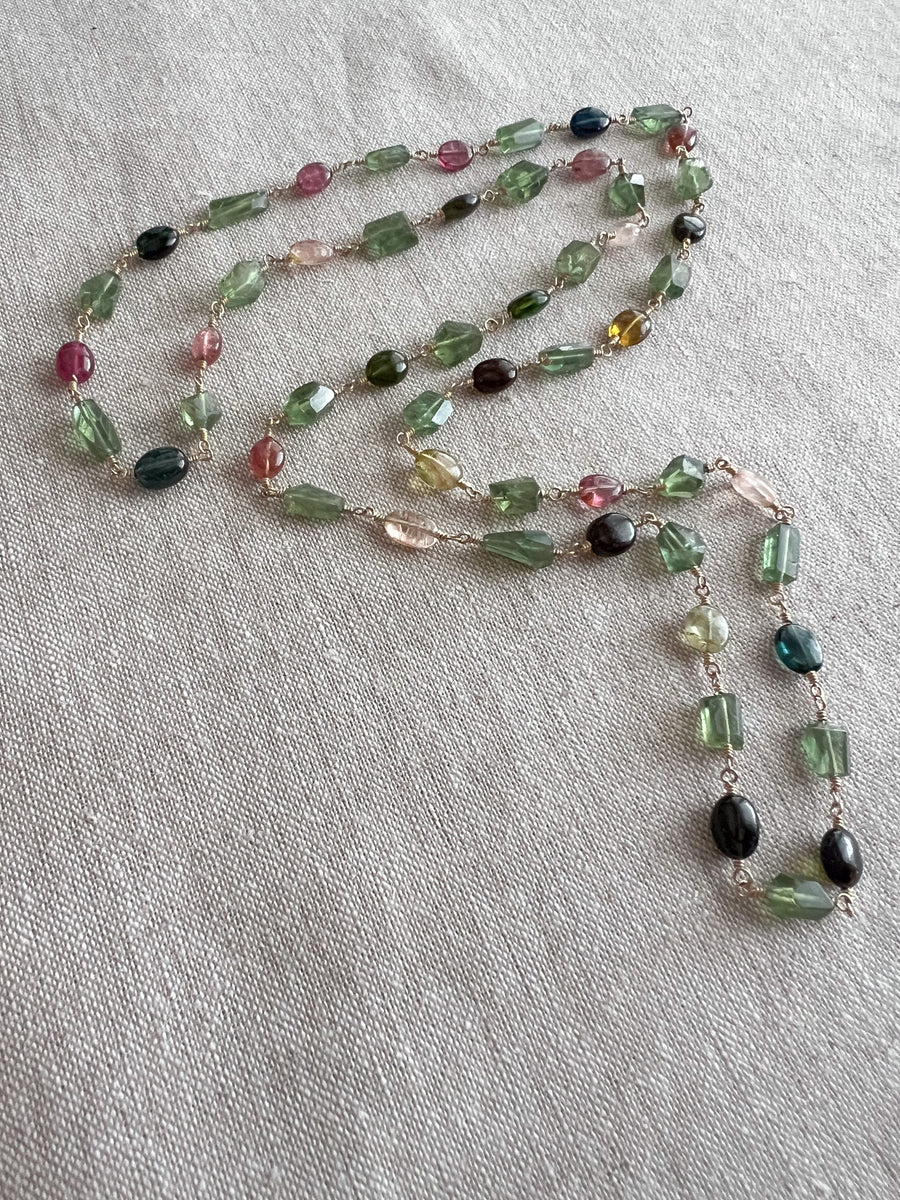 Multi-Color Tourmaline and Green Apatite AAA Grade Necklace, Wire Wrapped Boho Jewelry, 34"