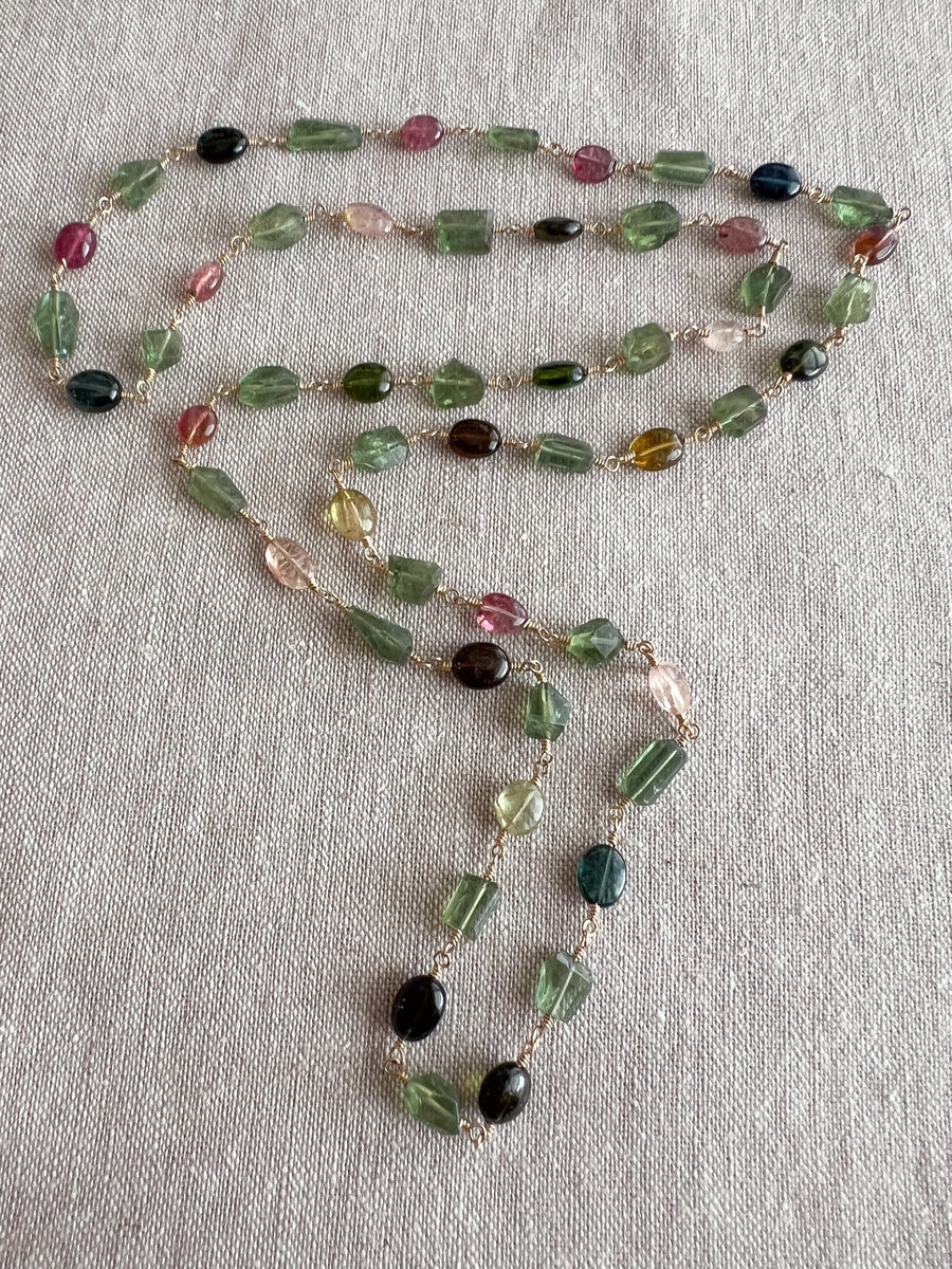 Multi-Color Tourmaline and Green Apatite AAA Grade Necklace, Wire Wrapped Boho Jewelry, 34"