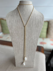 Gold Bead Lariat Necklace with Baroque Pearl Ends