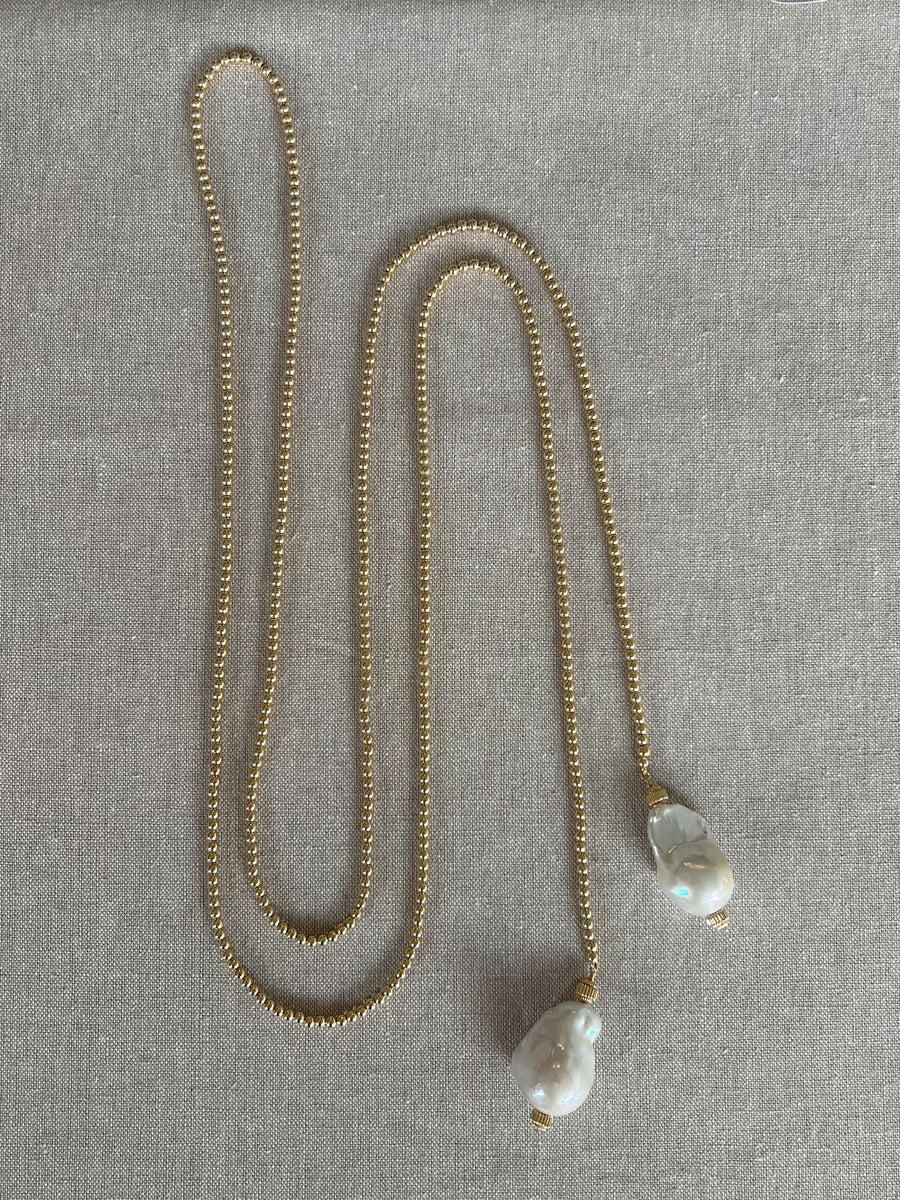 Gold Bead Lariat Necklace with Baroque Pearl Ends