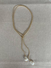 Gold Bead Lariat Necklace with Baroque Pearl Ends