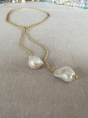 Gold Bead Lariat Necklace with Baroque Pearl Ends