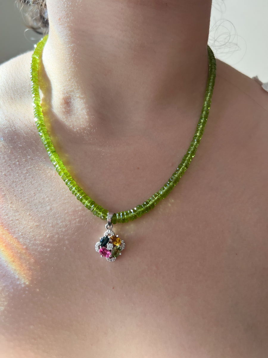 Peridot Heishi Necklace with Tourmaline Pendant
