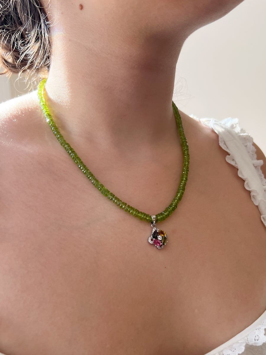 Peridot Heishi Necklace with Tourmaline Pendant