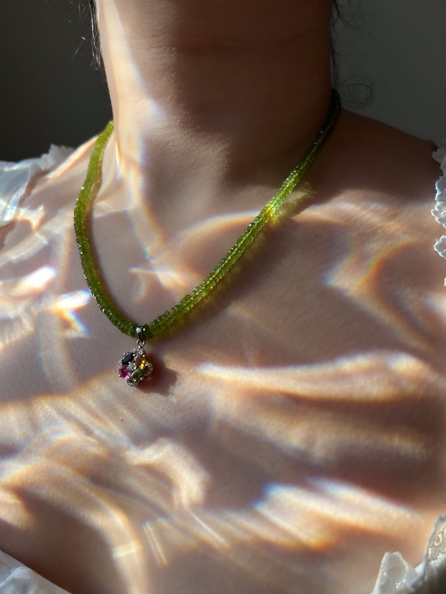 Peridot Heishi Necklace with Tourmaline Pendant