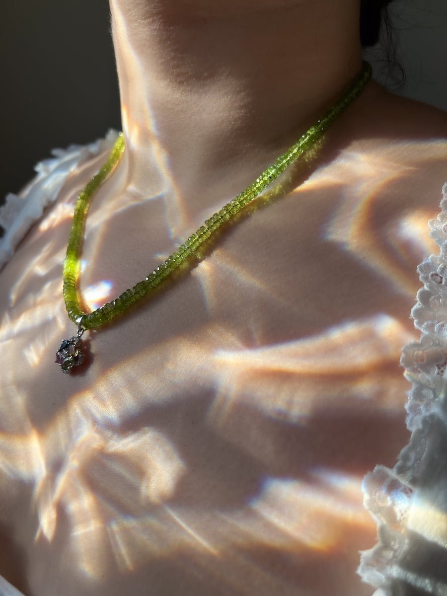 Peridot Heishi Necklace with Tourmaline Pendant