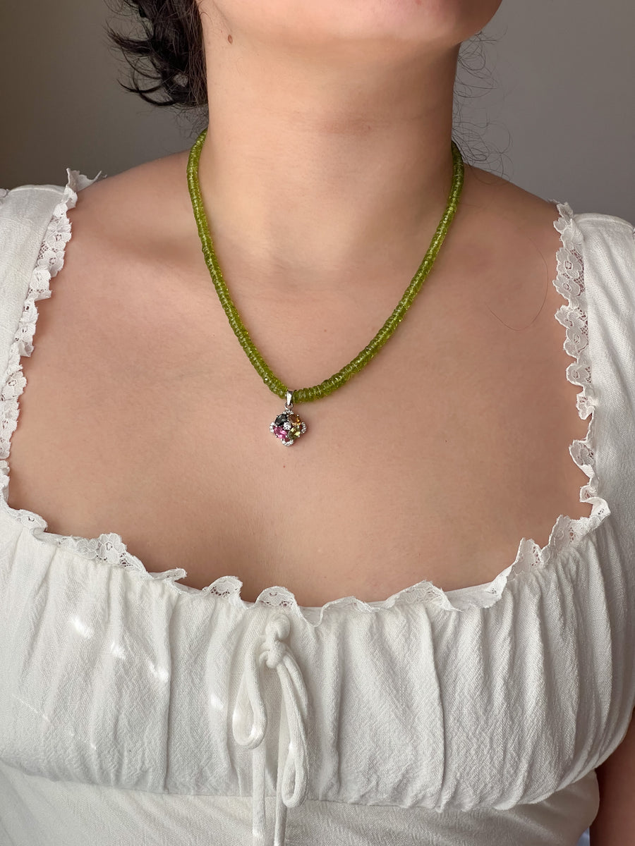 Peridot Heishi Necklace with Tourmaline Pendant