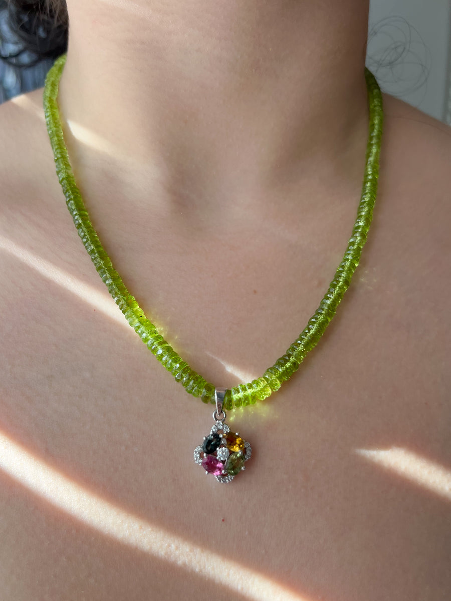 Peridot Heishi Necklace with Tourmaline Pendant