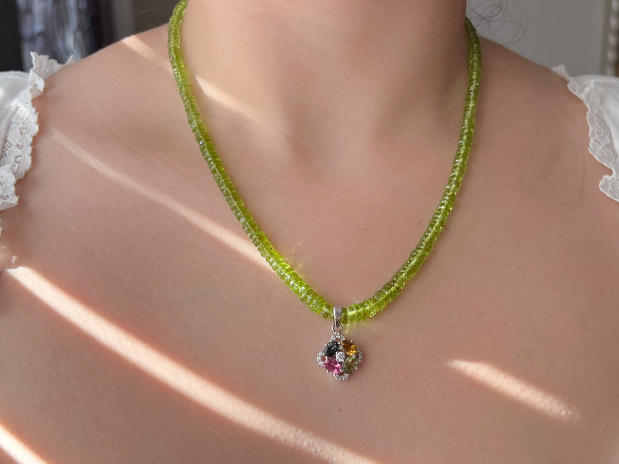 Peridot Heishi Necklace with Tourmaline Pendant