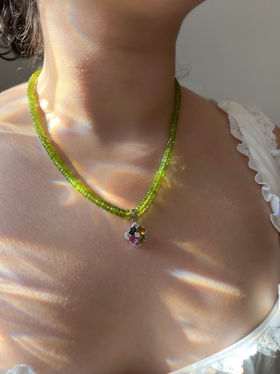 Peridot Heishi Necklace with Tourmaline Pendant