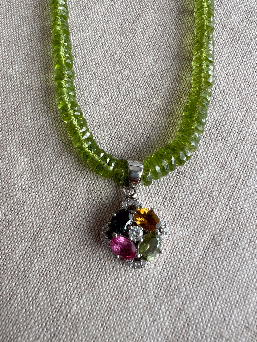 Peridot Heishi Necklace with Tourmaline Pendant