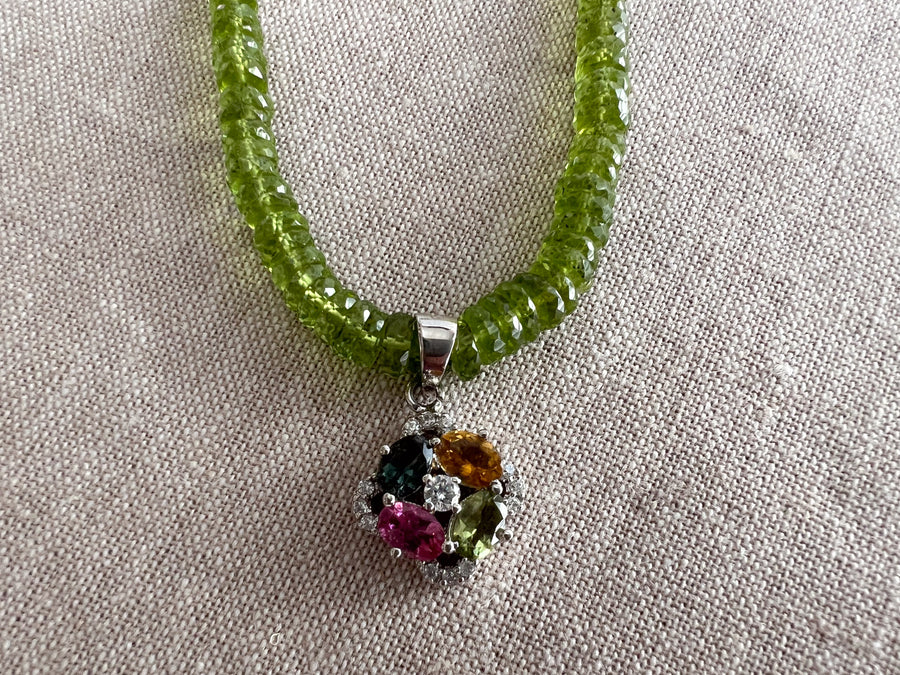 Peridot Heishi Necklace with Tourmaline Pendant