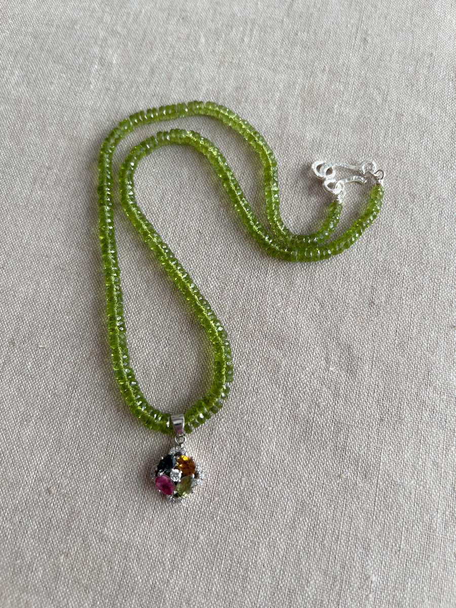 Peridot Heishi Necklace with Tourmaline Pendant