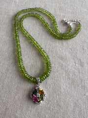 Peridot Heishi Necklace with Tourmaline Pendant