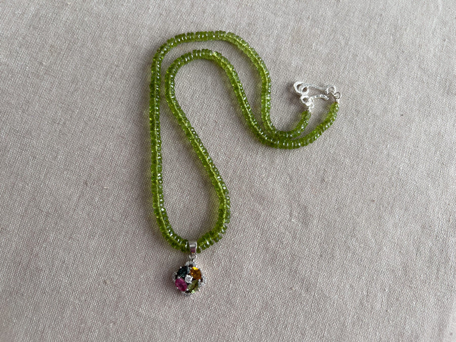 Peridot Heishi Necklace with Tourmaline Pendant