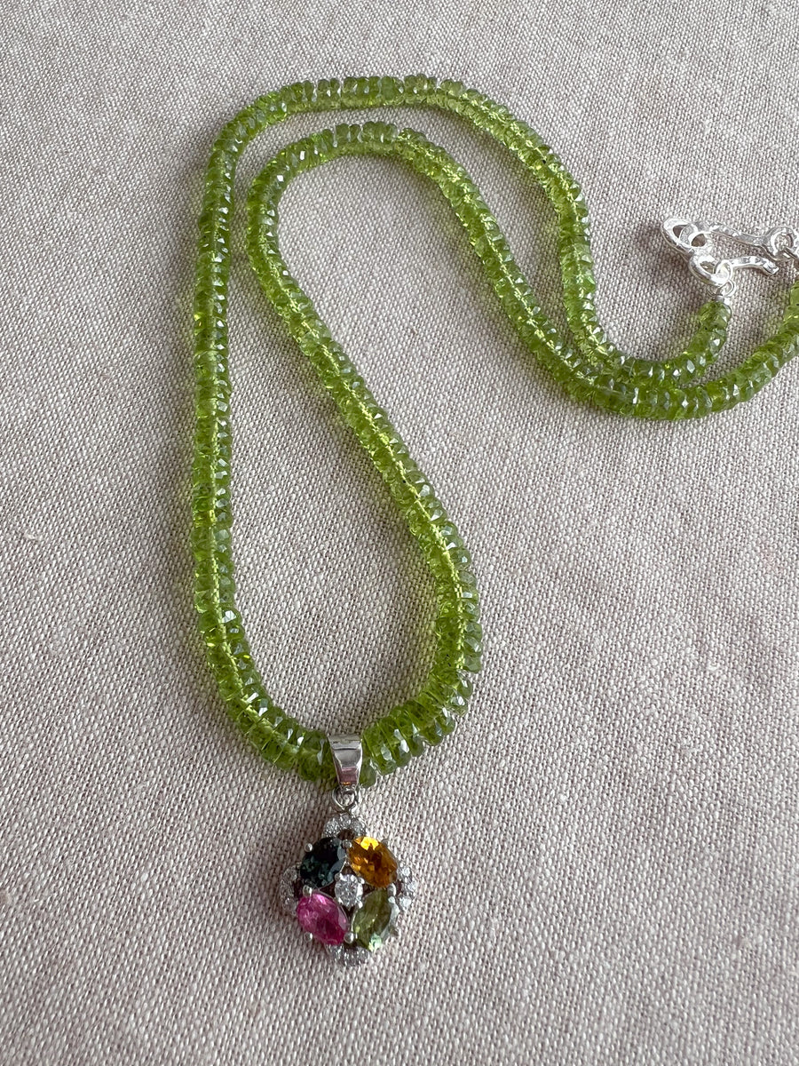 Peridot Heishi Necklace with Tourmaline Pendant