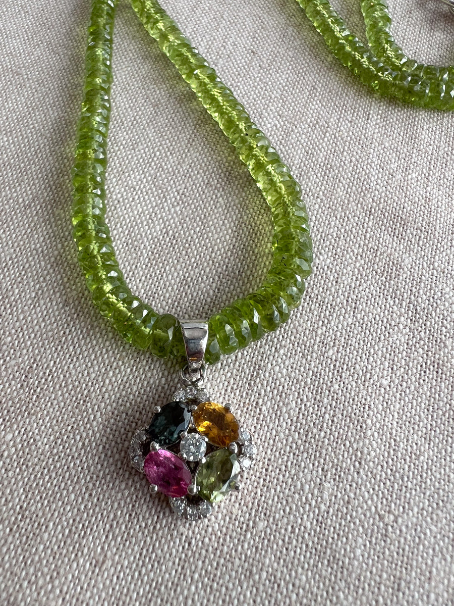 Peridot Heishi Necklace with Tourmaline Pendant