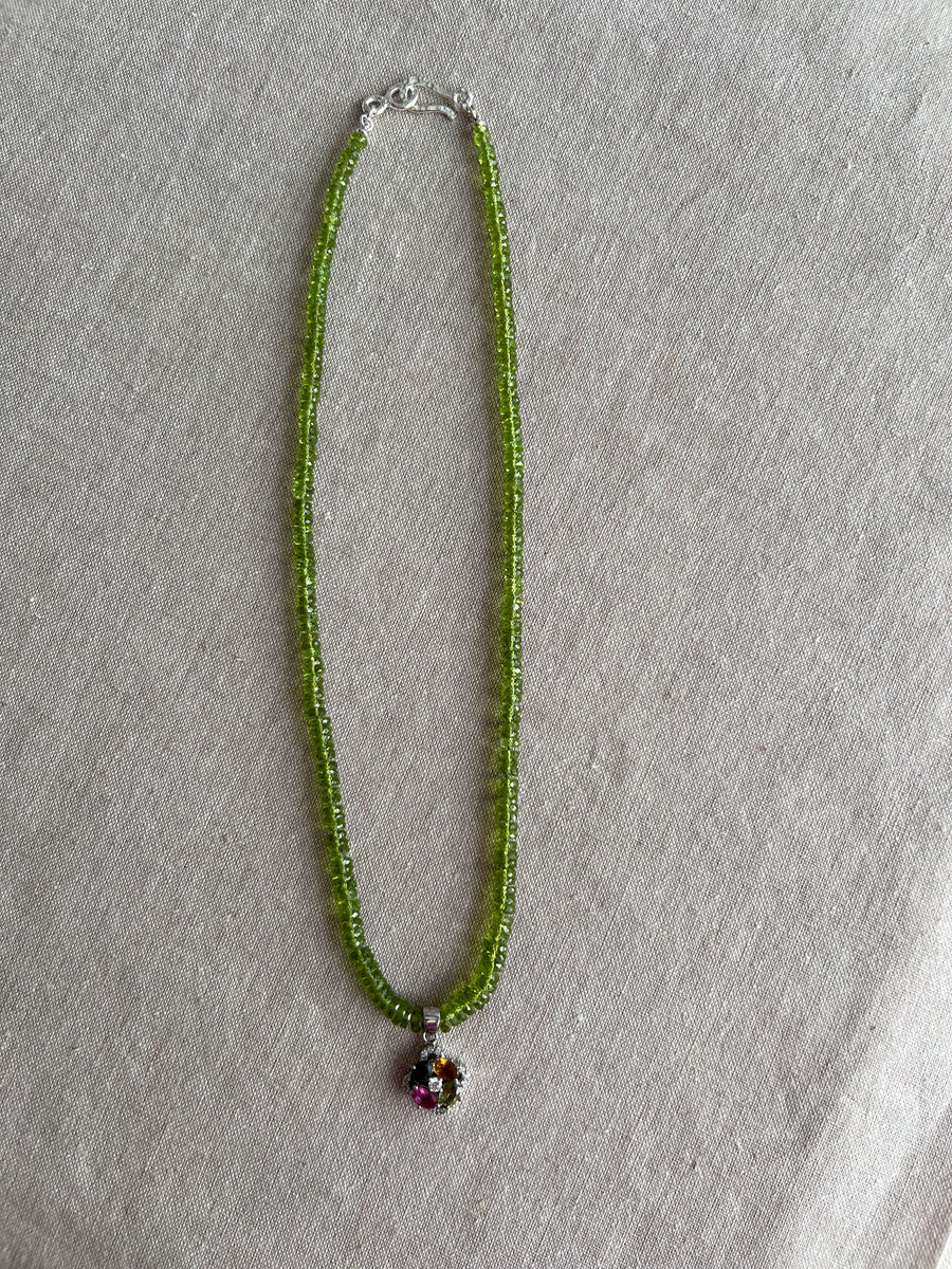 Peridot Heishi Necklace with Tourmaline Pendant