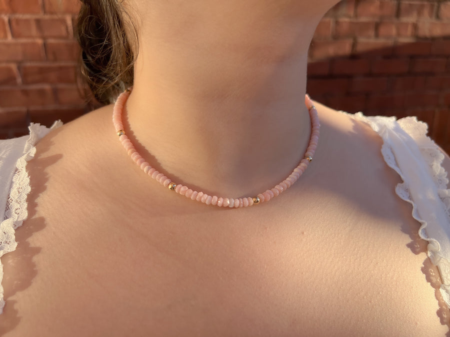 Pink Peruvian Opals Necklace with Hammered Gold Accents