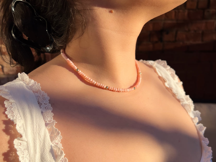 Pink Peruvian Opals Necklace with Hammered Gold Accents