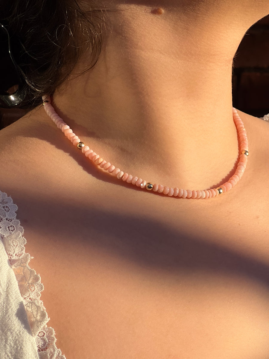 Pink Peruvian Opals Necklace with Hammered Gold Accents