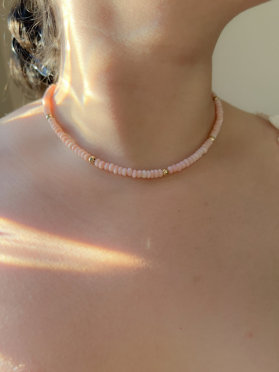 Pink Peruvian Opals Necklace with Hammered Gold Accents