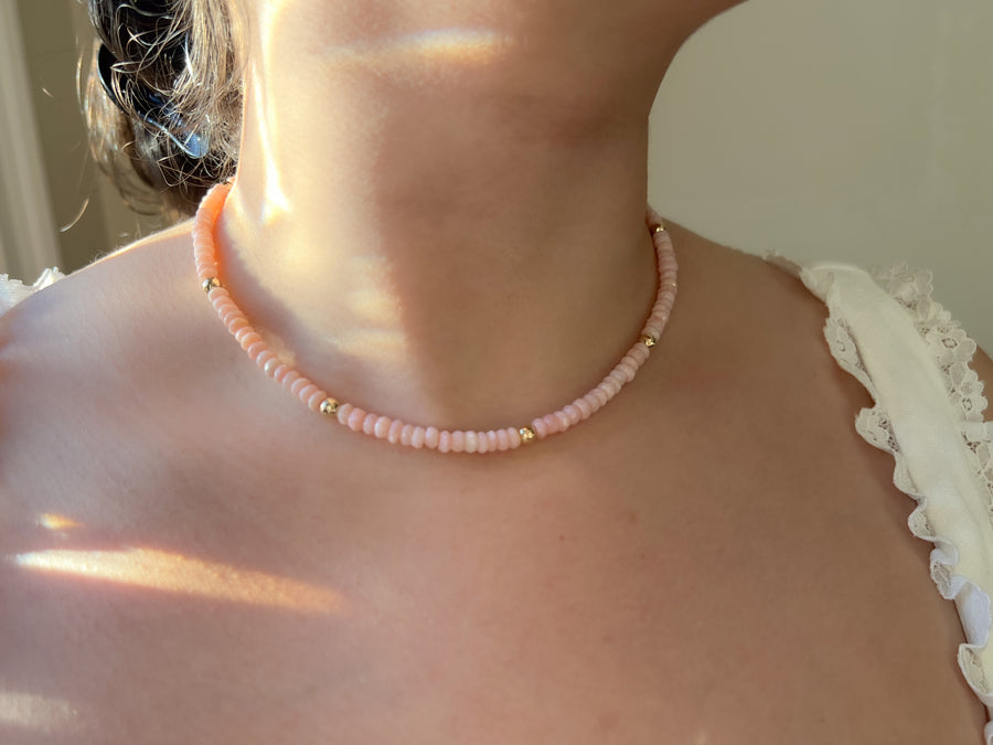 Pink Peruvian Opals Necklace with Hammered Gold Accents