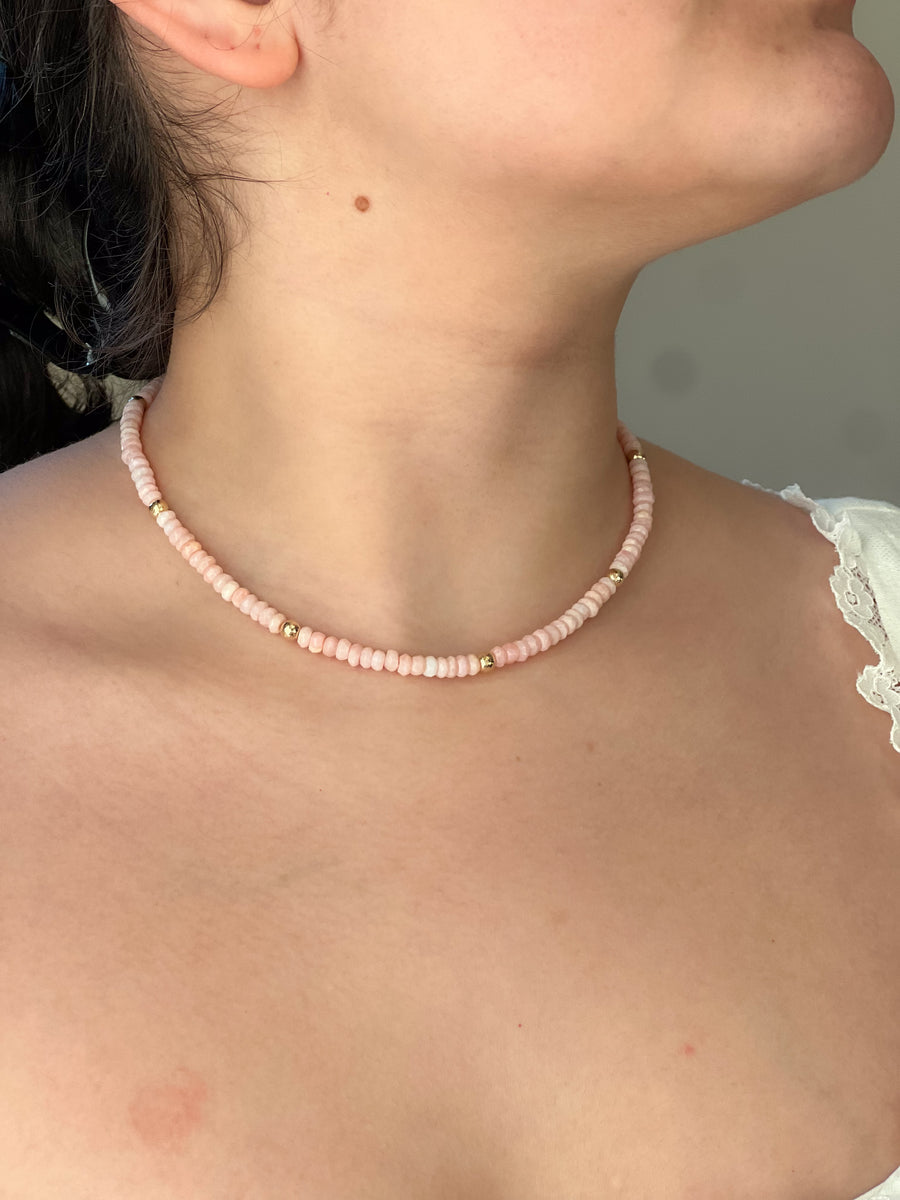 Pink Peruvian Opals Necklace with Hammered Gold Accents