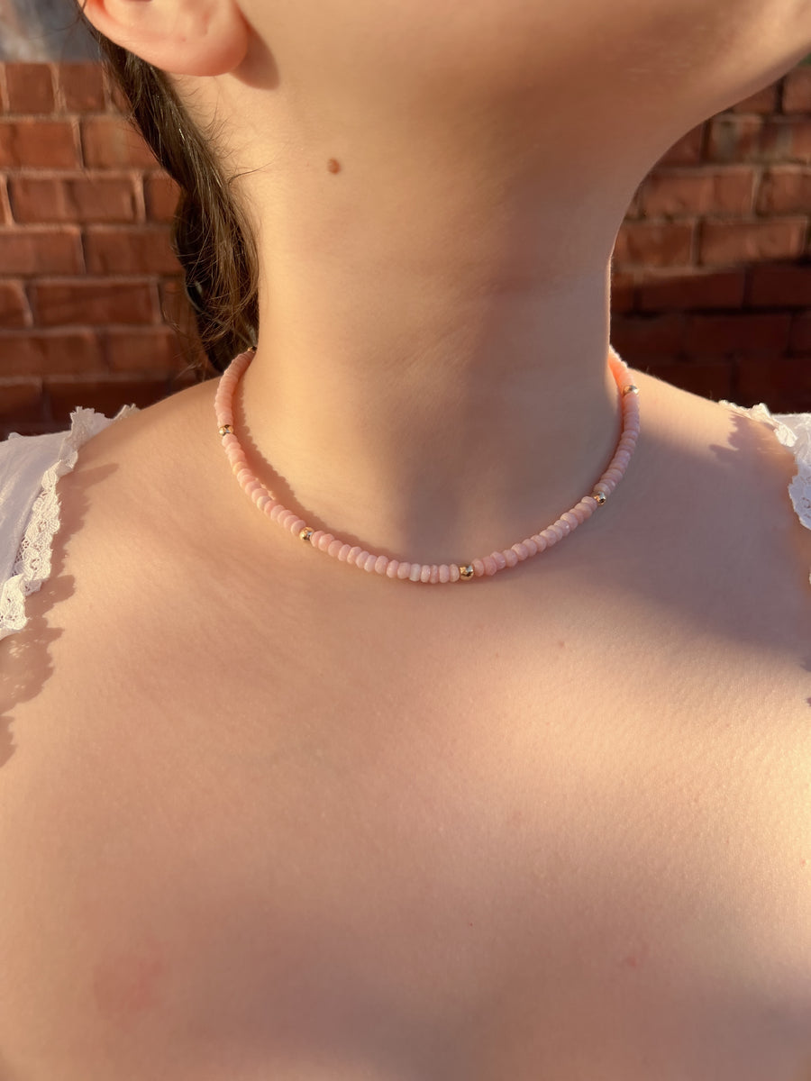 Pink Peruvian Opals Necklace with Hammered Gold Accents