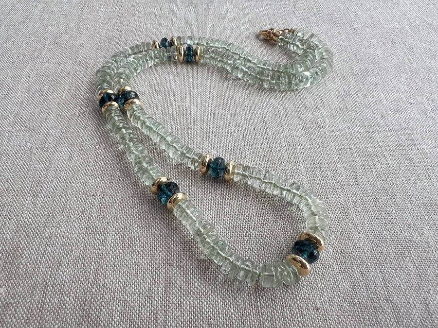 Prasiolite Heishi Necklace, London Blue Topaz Accents, Boho Gemstone Jewelry