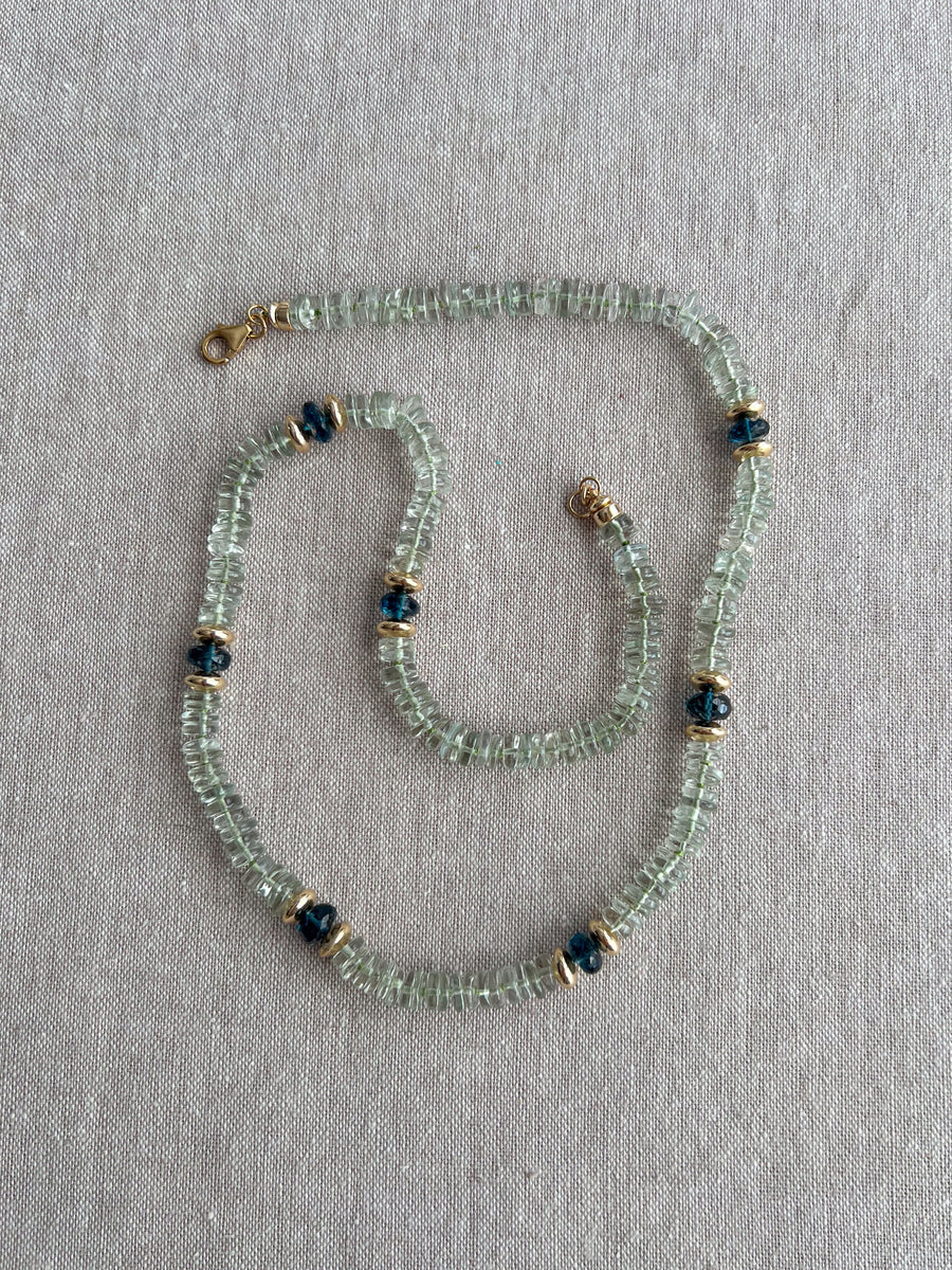 Prasiolite Heishi Necklace, London Blue Topaz Accents, Boho Gemstone Jewelry