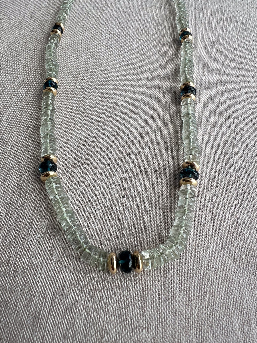 Prasiolite Heishi Necklace, London Blue Topaz Accents, Boho Gemstone Jewelry
