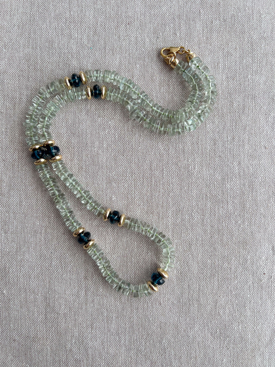 Prasiolite Heishi Necklace, London Blue Topaz Accents, Boho Gemstone Jewelry