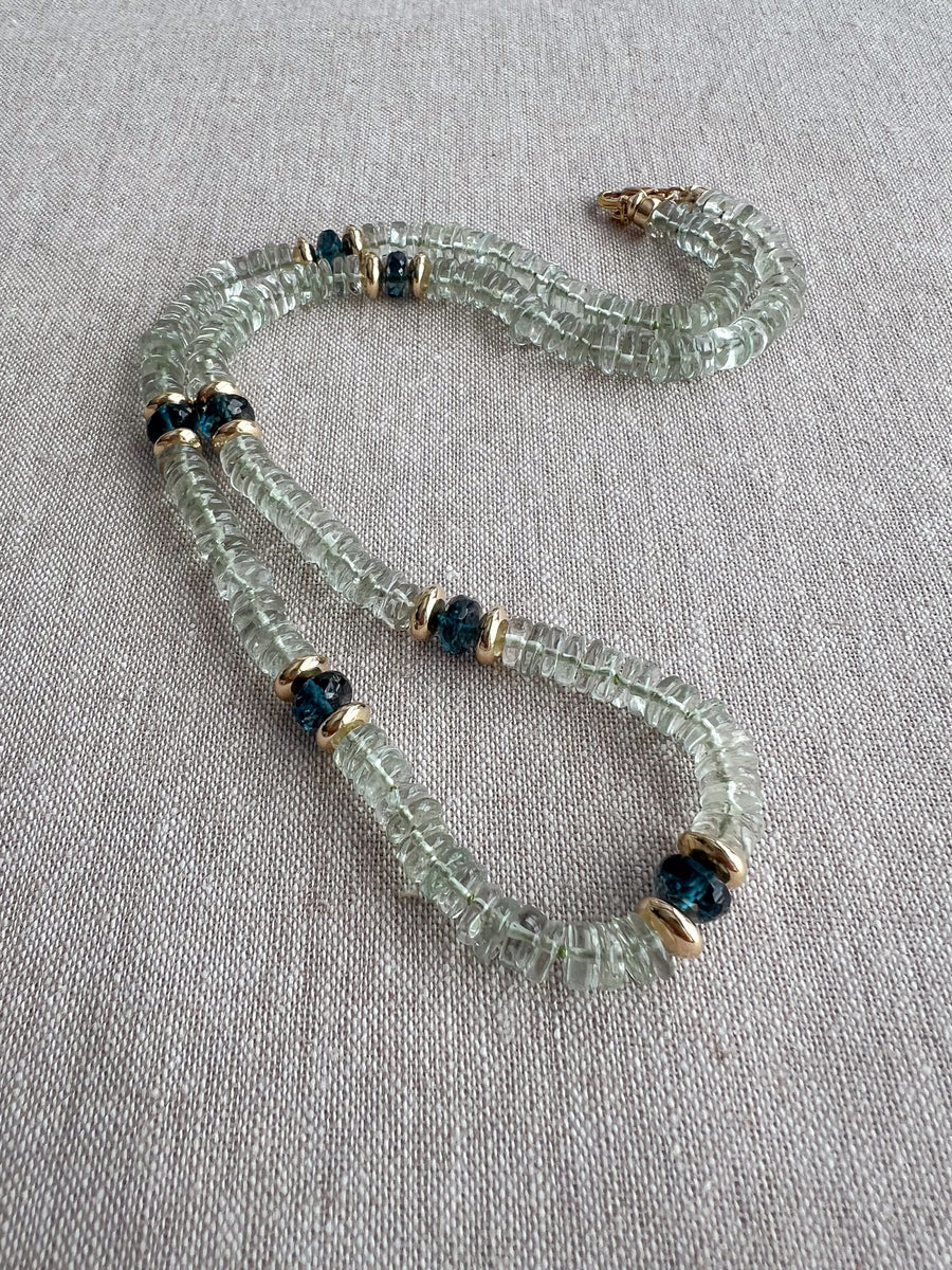 Prasiolite Heishi Necklace, London Blue Topaz Accents, Boho Gemstone Jewelry