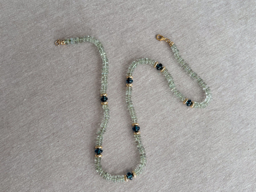 Prasiolite Heishi Necklace, London Blue Topaz Accents, Boho Gemstone Jewelry