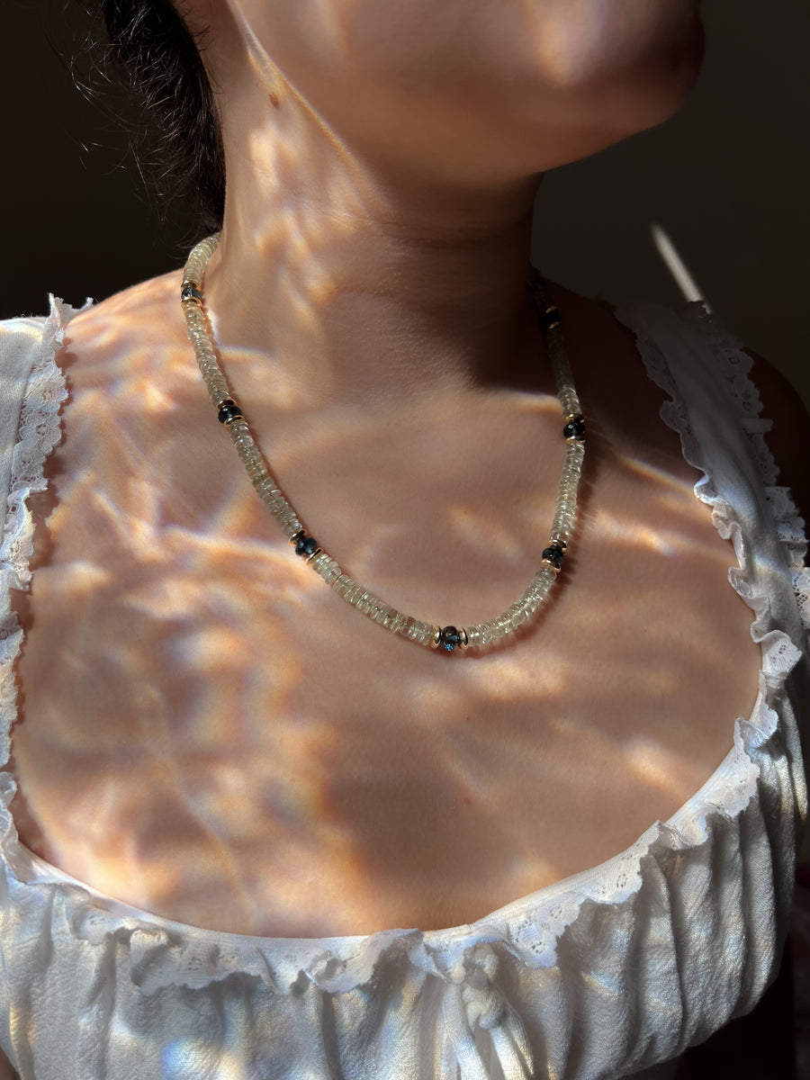 Prasiolite Heishi Necklace, London Blue Topaz Accents, Boho Gemstone Jewelry