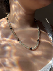 Prasiolite Heishi Necklace, London Blue Topaz Accents, Boho Gemstone Jewelry