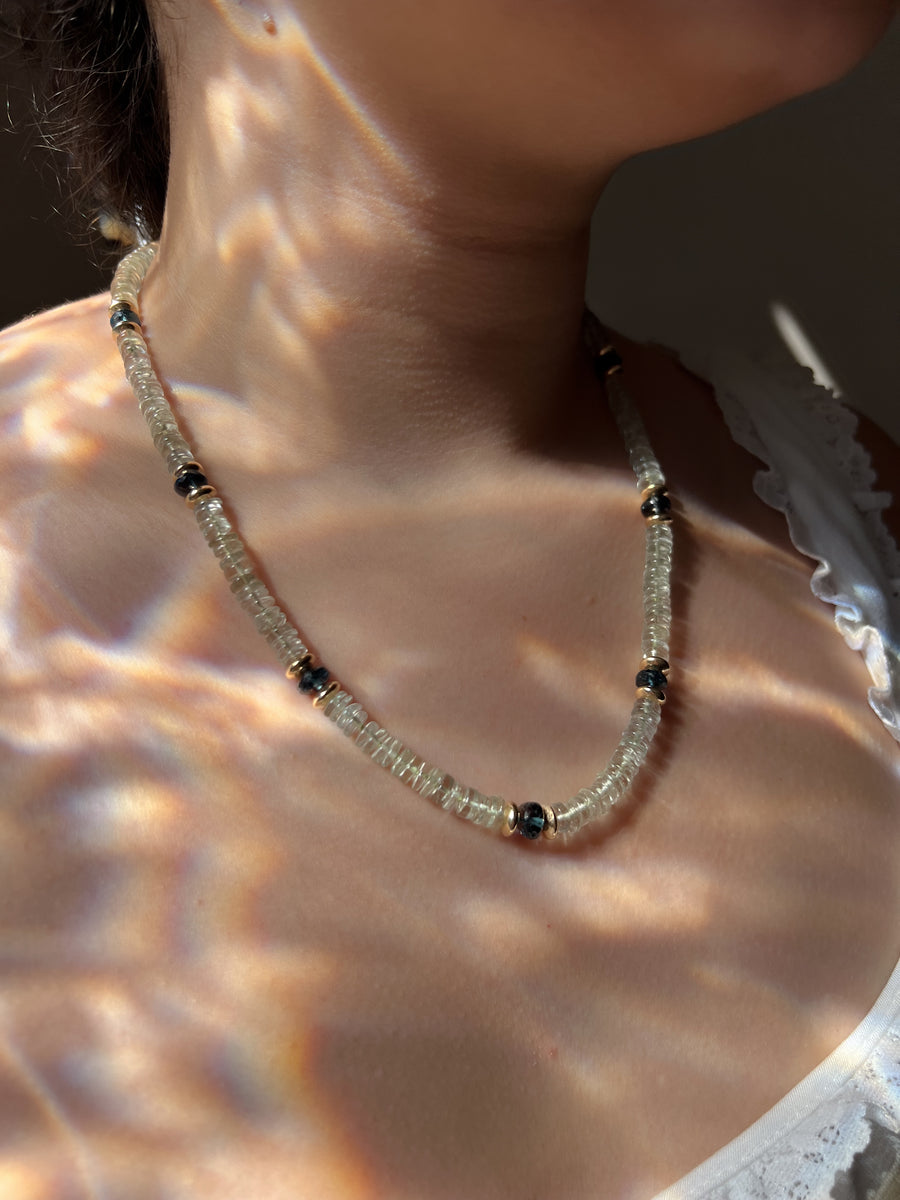 Prasiolite Heishi Necklace, London Blue Topaz Accents, Boho Gemstone Jewelry