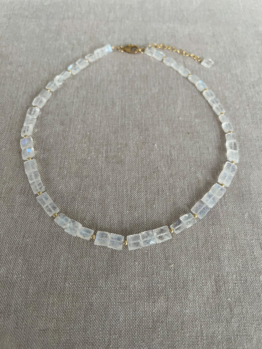 Rainbow Moonstone Rectangles Necklace with Gold Bead Accents
