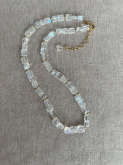 Rainbow Moonstone Rectangles Necklace with Gold Bead Accents